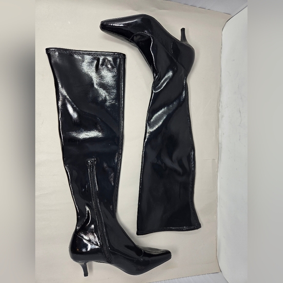 Abound Womens Over Knee Black Vinyl Look Boots Sz 6.5M Kitten Heel Sleek Luster - Picture 3 of 13